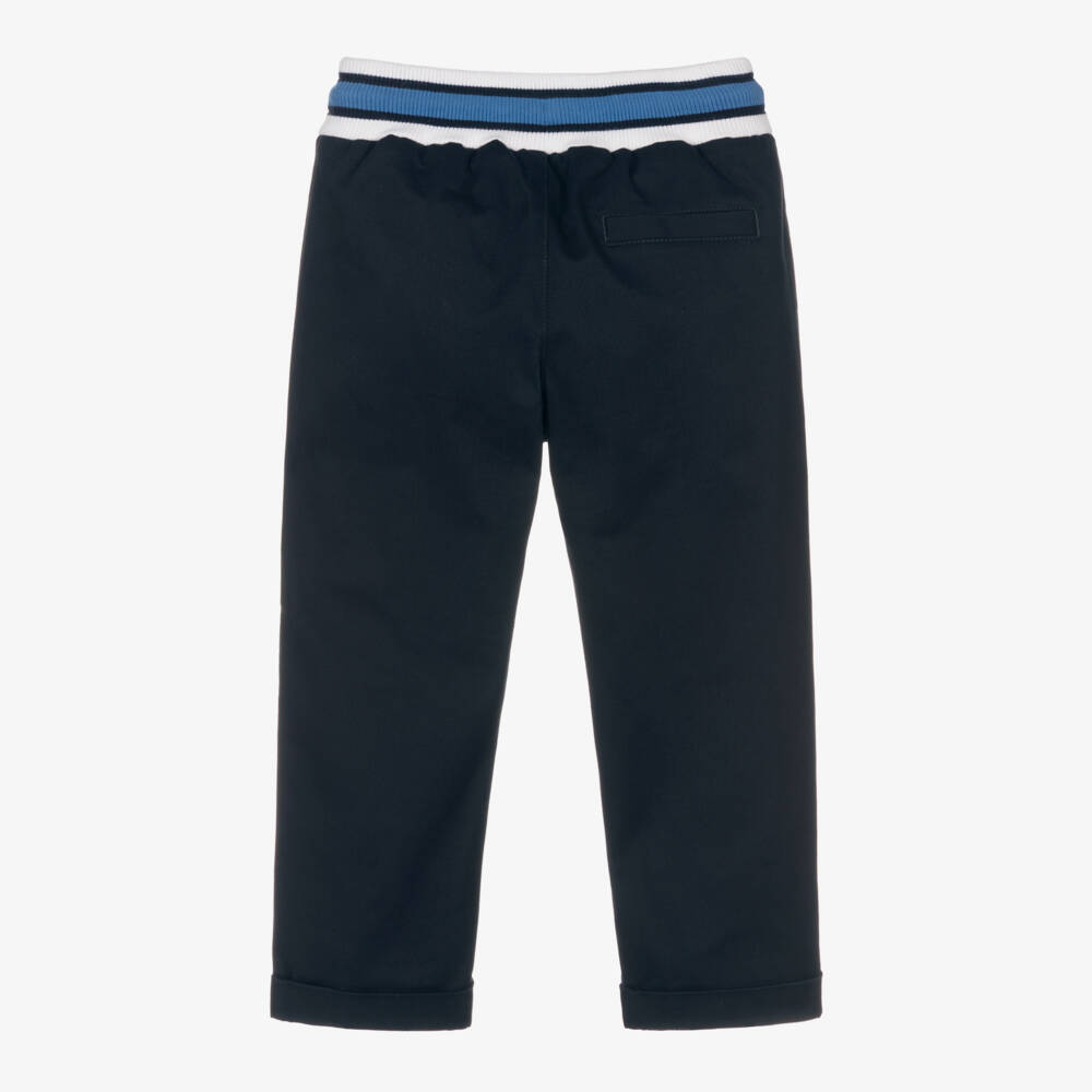 Dolce & Gabbana-Boys Navy Blue Cotton Trousers with Embroidered Crest Logo | Childrensalon Outlet