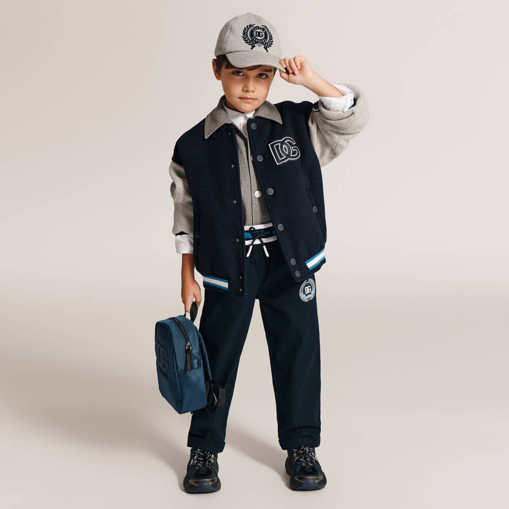 Dolce & Gabbana-Boys Navy Blue Cotton Trousers with Embroidered Crest Logo | Childrensalon Outlet