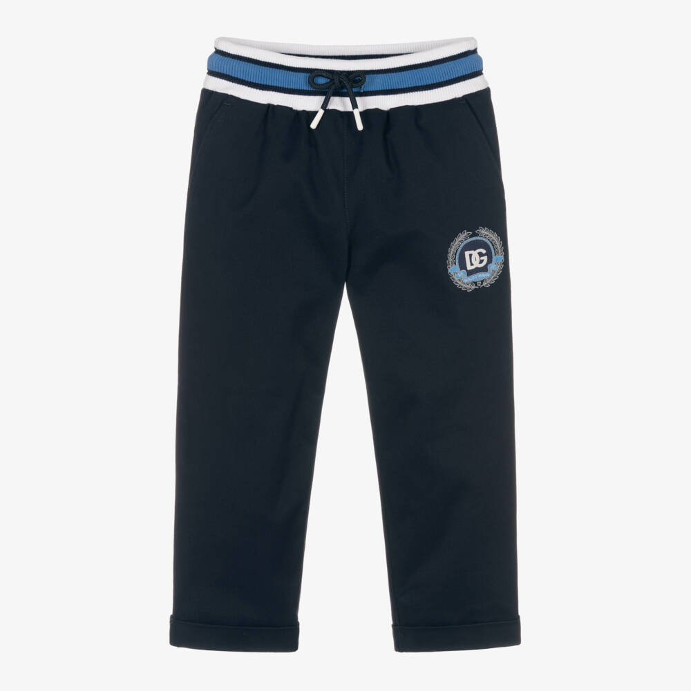 Dolce & Gabbana-Boys Navy Blue Cotton Trousers with Embroidered Crest Logo | Childrensalon Outlet