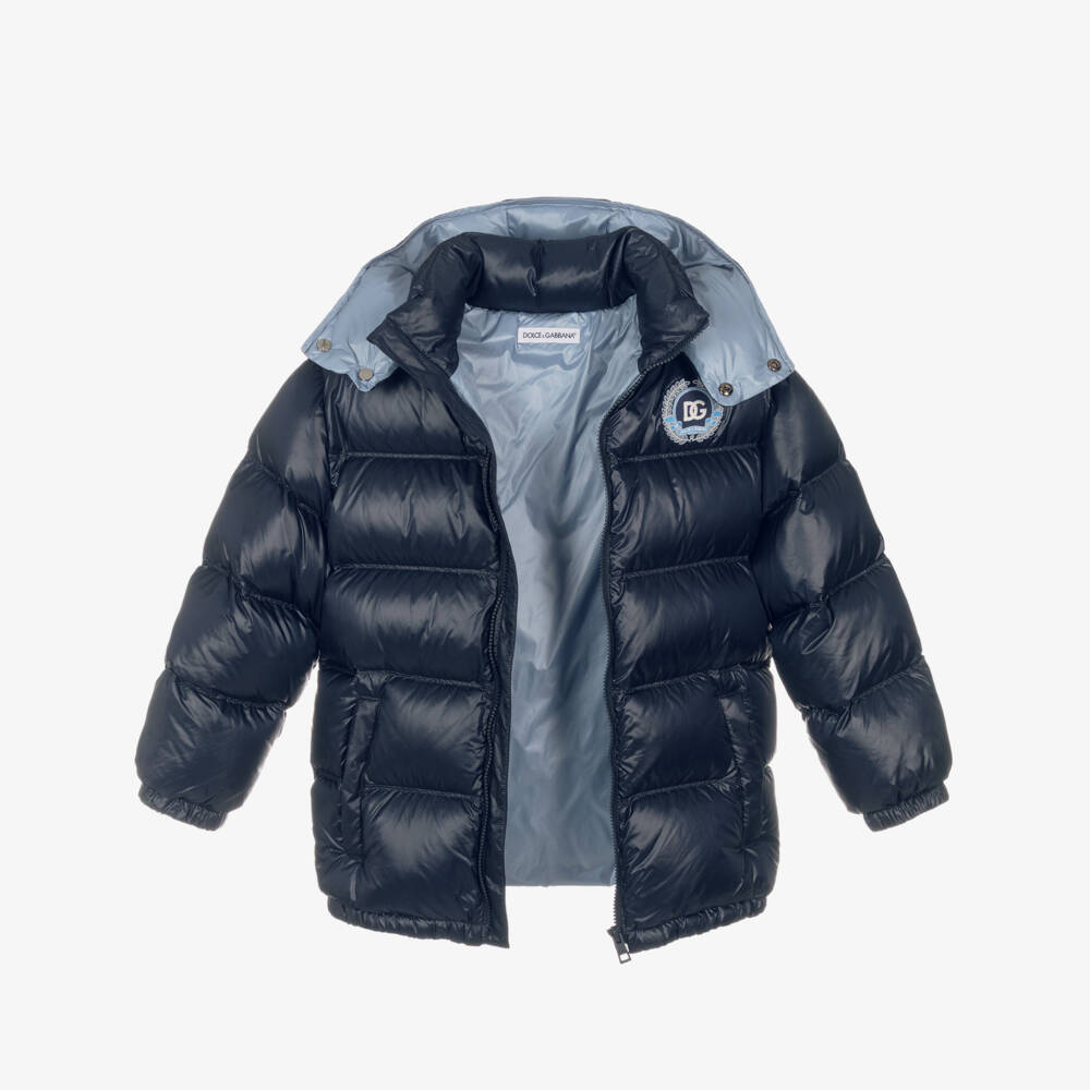 Dolce & Gabbana-Boys Navy Blue Down Padded Coat with DG Crest | Childrensalon Outlet
