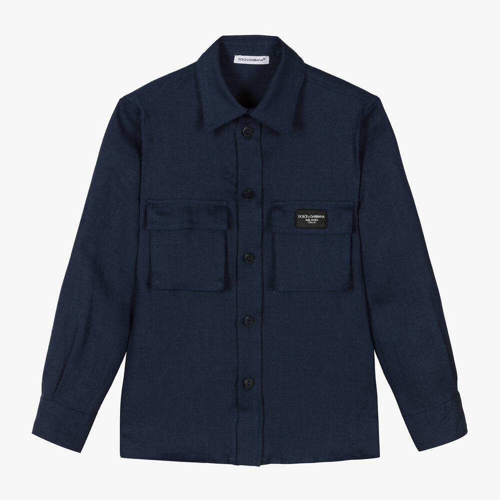 Dolce & Gabbana-Boys Navy Blue Linen Shirt | Childrensalon Outlet