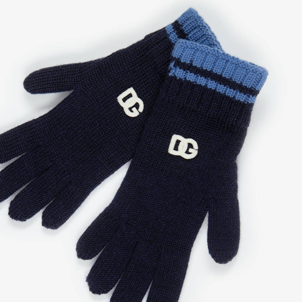 Dolce & Gabbana-Boys Navy Blue Wool Gloves with DG Logo | Childrensalon Outlet