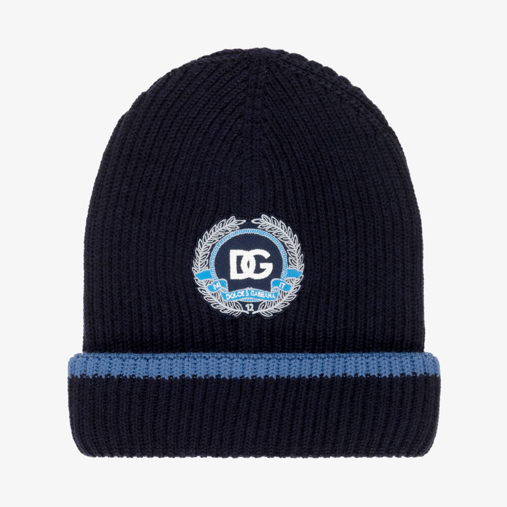 Dolce & Gabbana-Boys Navy Blue Wool Knit Varsity Beanie with DG Logo | Childrensalon Outlet