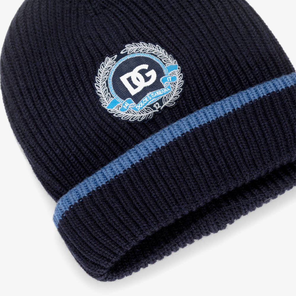 Dolce & Gabbana-Boys Navy Blue Wool Knit Varsity Beanie with DG Logo | Childrensalon Outlet