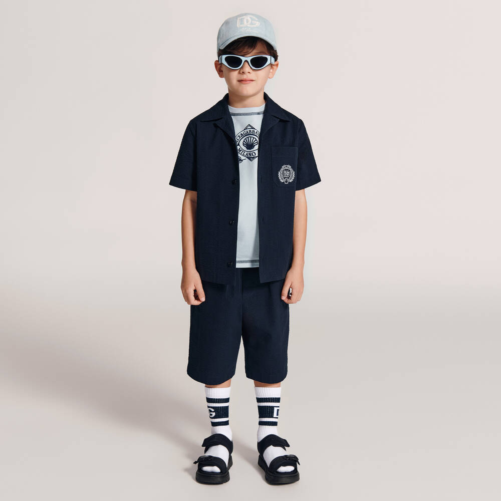 Dolce & Gabbana-Boys Navy Seersucker Cotton Shorts | Childrensalon Outlet