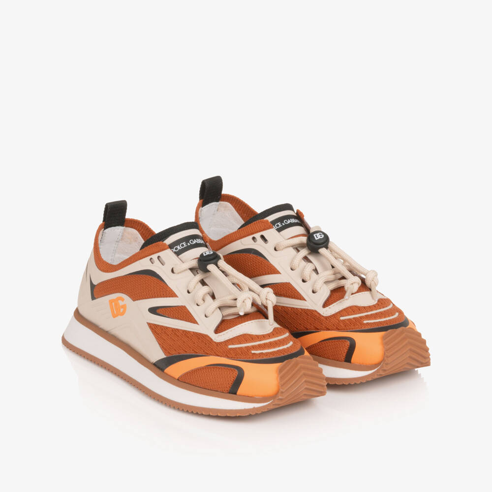 Dolce & Gabbana-Boys Orange & Beige Mesh Trainers with Toggle Laces | Childrensalon Outlet