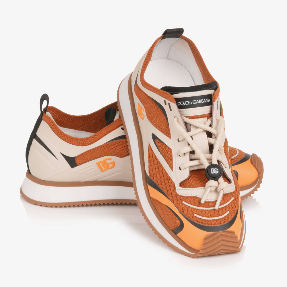 Dolce & Gabbana-Boys Orange & Beige Mesh Trainers with Toggle Laces | Childrensalon Outlet
