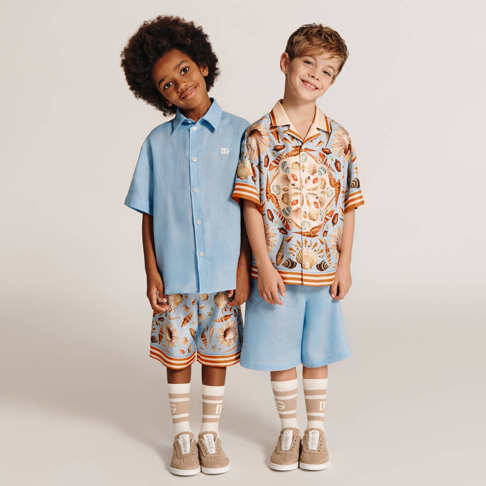 Dolce & Gabbana-Boys Pale Blue Sea Shell Print Pure Silk Shirt | Childrensalon Outlet
