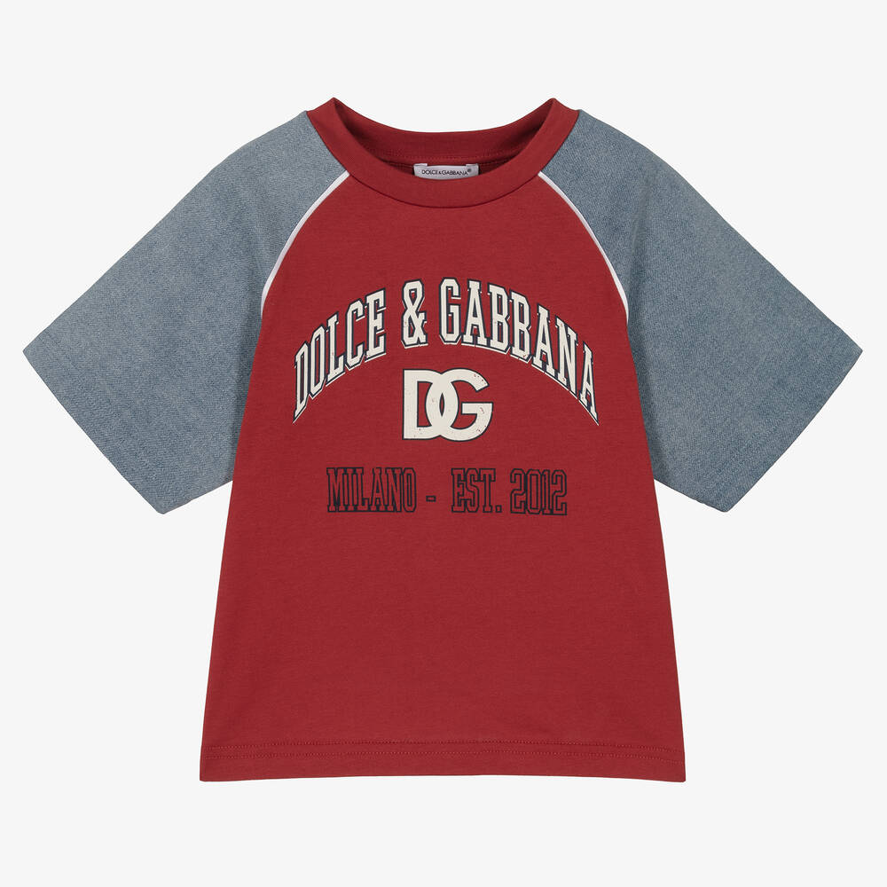 Dolce & Gabbana - تيشيرت قطن جيرسي لون أحمر وأزرق للأولاد | Childrensalon