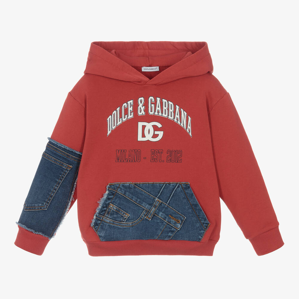 Dolce & Gabbana - Roter Hoodie mit Denim-Patchwork | Childrensalon