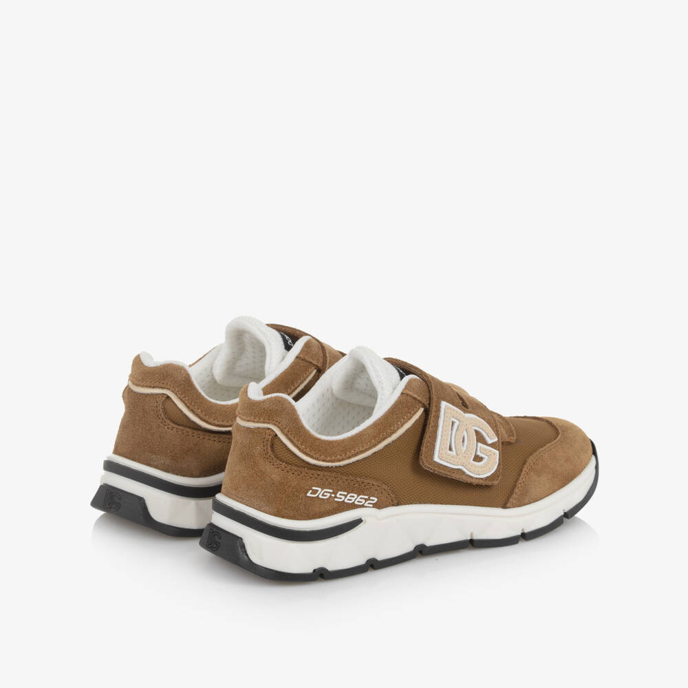 Dolce & Gabbana-Boys Tan Brown Suede Leather DG Velcro Trainers | Childrensalon Outlet