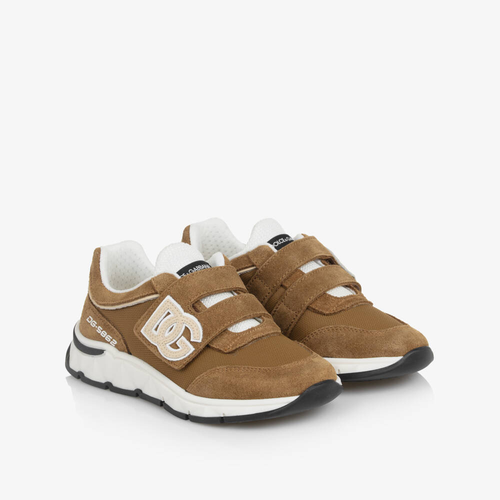 Dolce & Gabbana-Boys Tan Brown Suede Leather DG Velcro Trainers | Childrensalon Outlet
