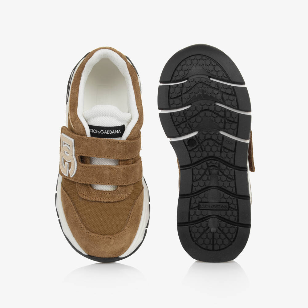 Dolce & Gabbana-Boys Tan Brown Suede Leather DG Velcro Trainers | Childrensalon Outlet