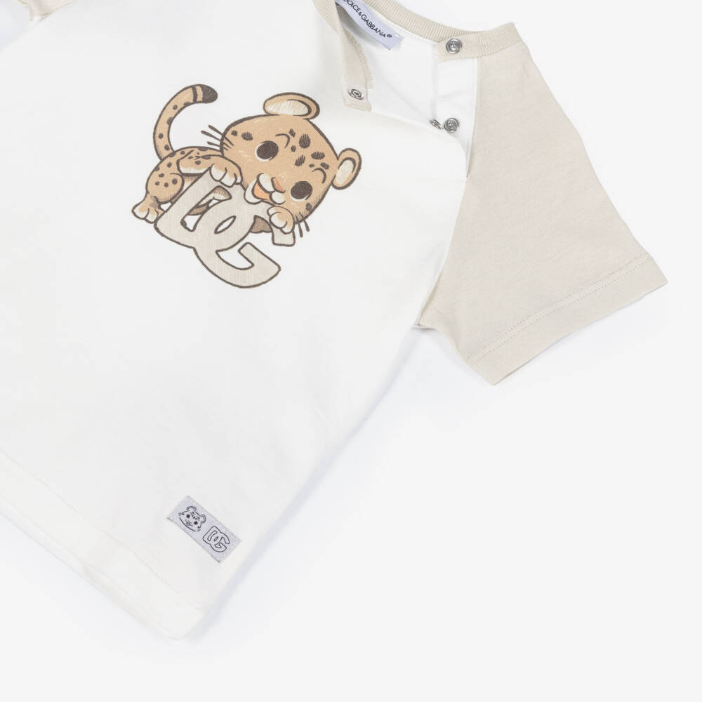 Dolce & Gabbana-Boys White & Beige Leopard T-Shirt with DG Logo | Childrensalon Outlet