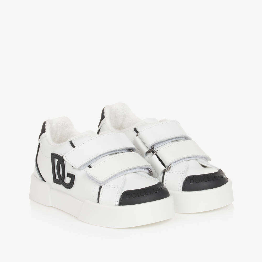 Dolce & Gabbana-Boys White & Black Leather DG Trainers | Childrensalon Outlet