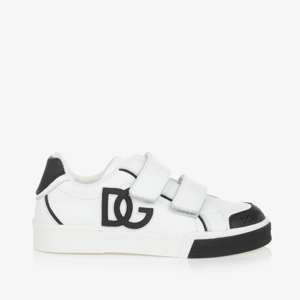  دولتشي آند غابانا-حذاء رياضي جلدي أبيض وأسود للأولاد | Childrensalon Outlet