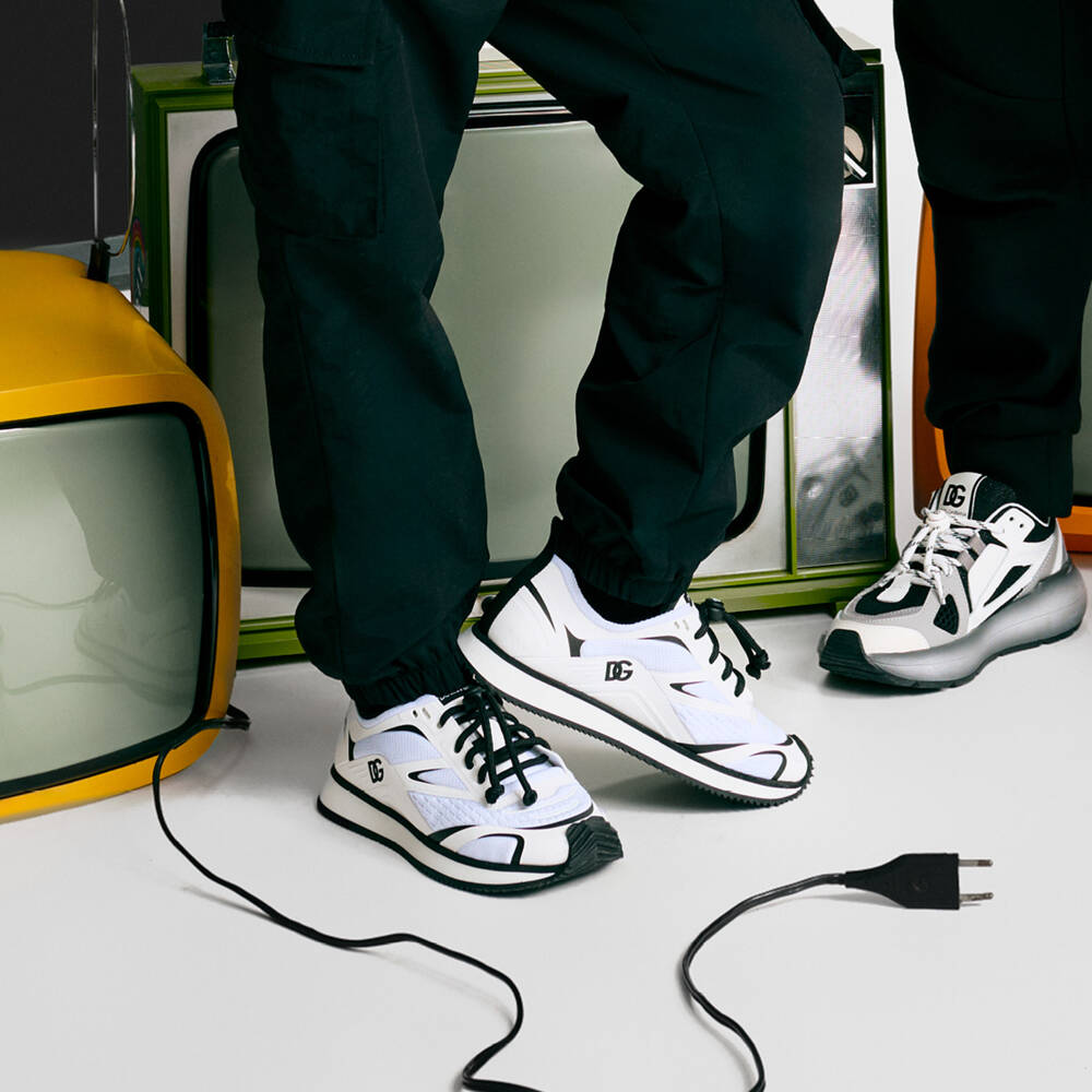 Dolce & Gabbana-Boys White & Black Mesh Trainers with Toggle Laces | Childrensalon Outlet