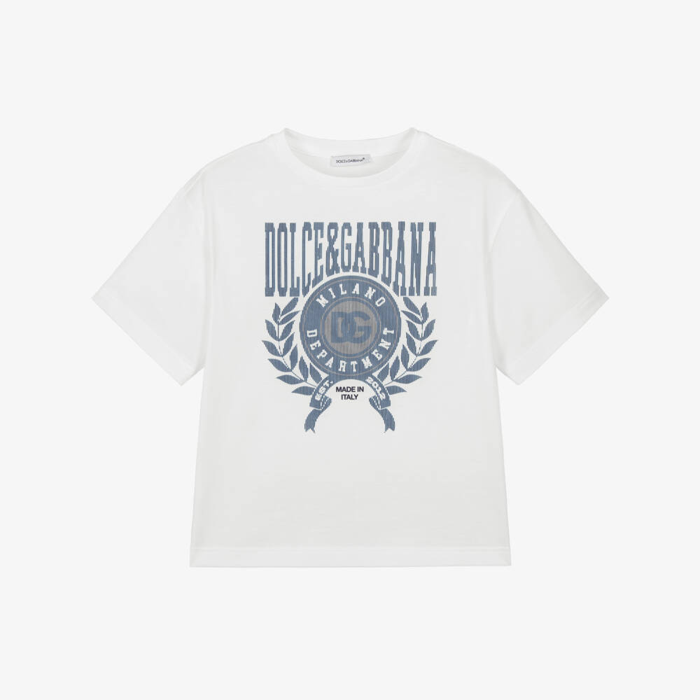 Dolce & Gabbana-Boys White & Blue DG Crest Logo Cotton T-Shirt | Childrensalon Outlet