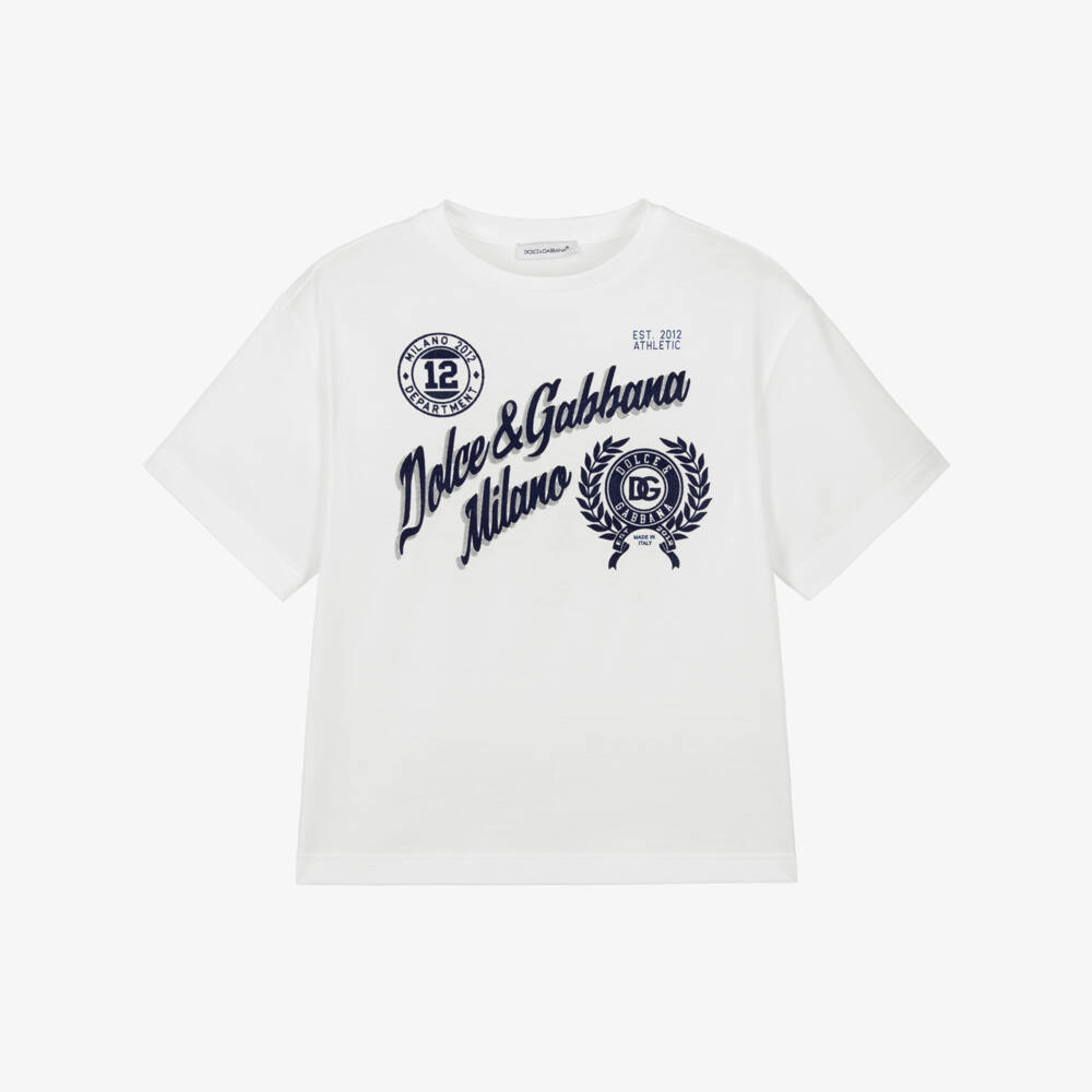 Dolce & Gabbana-Boys White Cotton Flocked Logo T-Shirt | Childrensalon Outlet