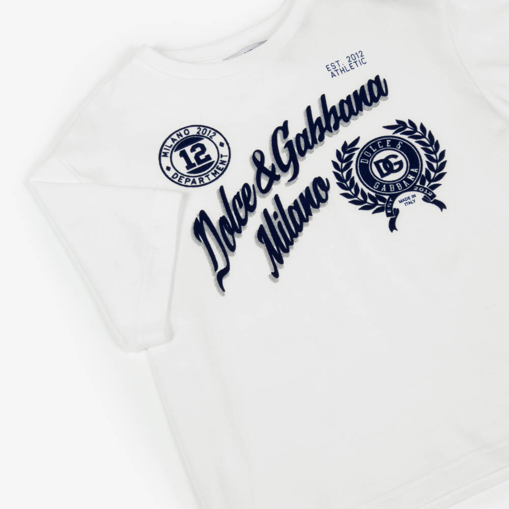 Dolce & Gabbana-Boys White Cotton Flocked Logo T-Shirt | Childrensalon Outlet