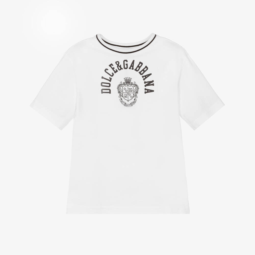 Dolce & Gabbana-Boys White Cotton Jersey T-Shirt with Black Crest Logo Print | Childrensalon Outlet