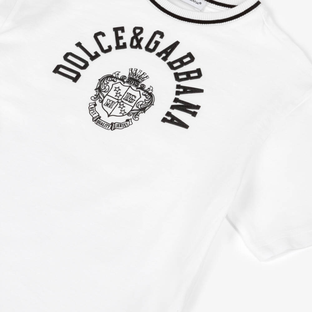 Dolce & Gabbana-Boys White Cotton Jersey T-Shirt with Black Crest Logo Print | Childrensalon Outlet