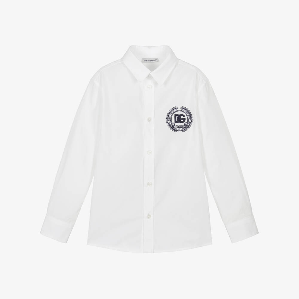 Dolce & Gabbana-Boys White Cotton Shirt with Embroidered DG Crest | Childrensalon Outlet