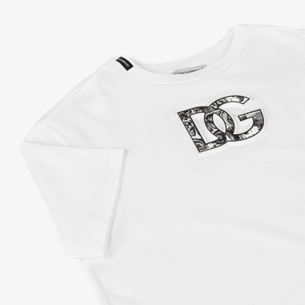 Dolce & Gabbana-Boys White Cotton T-Shirt with Black Majolica DG Logo | Childrensalon Outlet