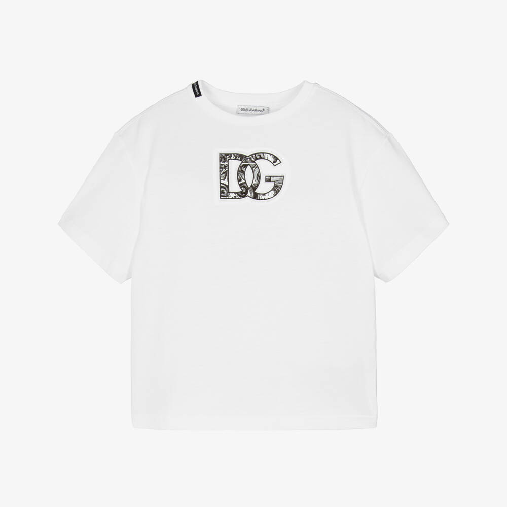 Dolce & Gabbana-Boys White Cotton T-Shirt with Black Majolica DG Logo | Childrensalon Outlet