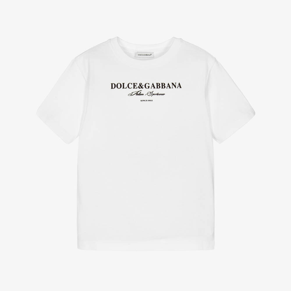 Dolce & Gabbana-Boys White Cotton T-Shirt with Contrasting Black Logo | Childrensalon Outlet