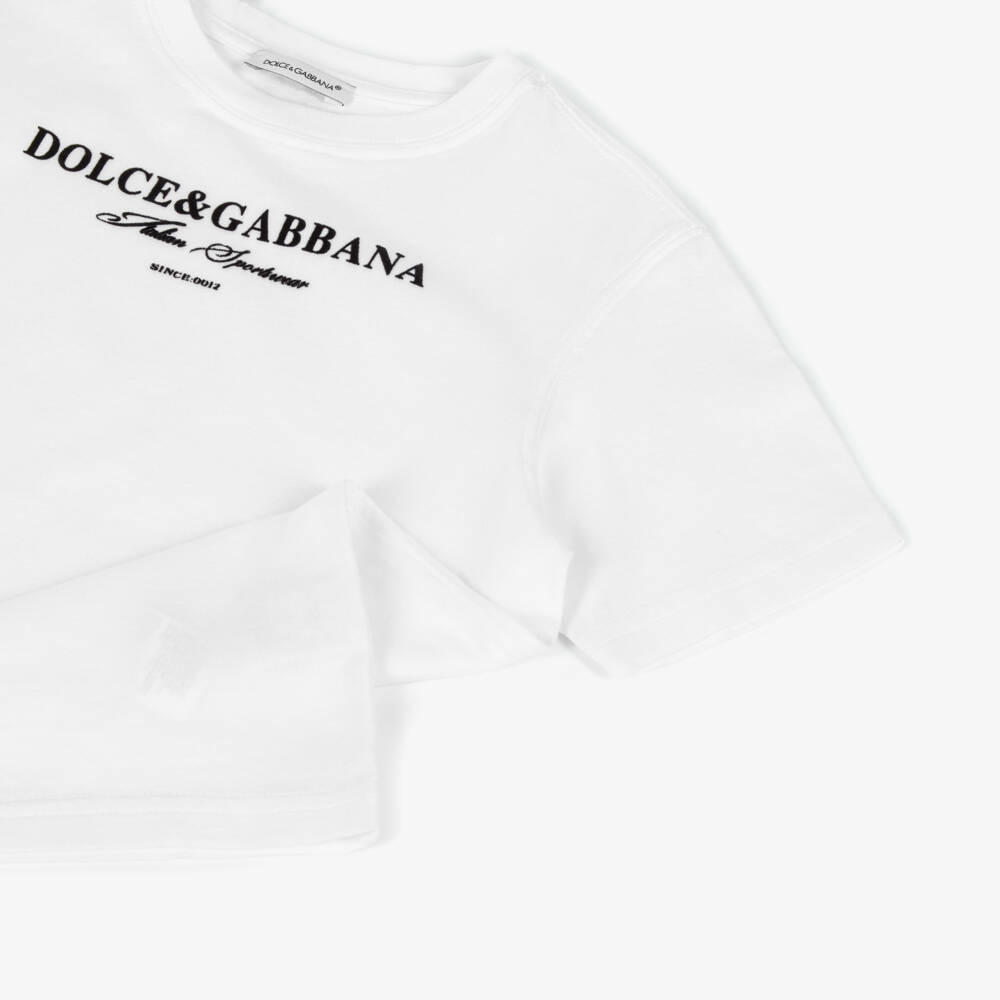 Dolce & Gabbana-Boys White Cotton T-Shirt with Contrasting Black Logo | Childrensalon Outlet