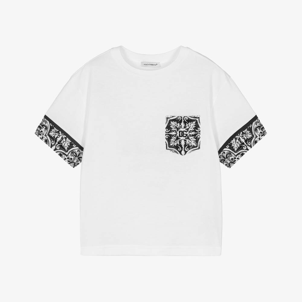 Dolce & Gabbana-Boys White Cotton T-Shirt With Majolica Print | Childrensalon Outlet