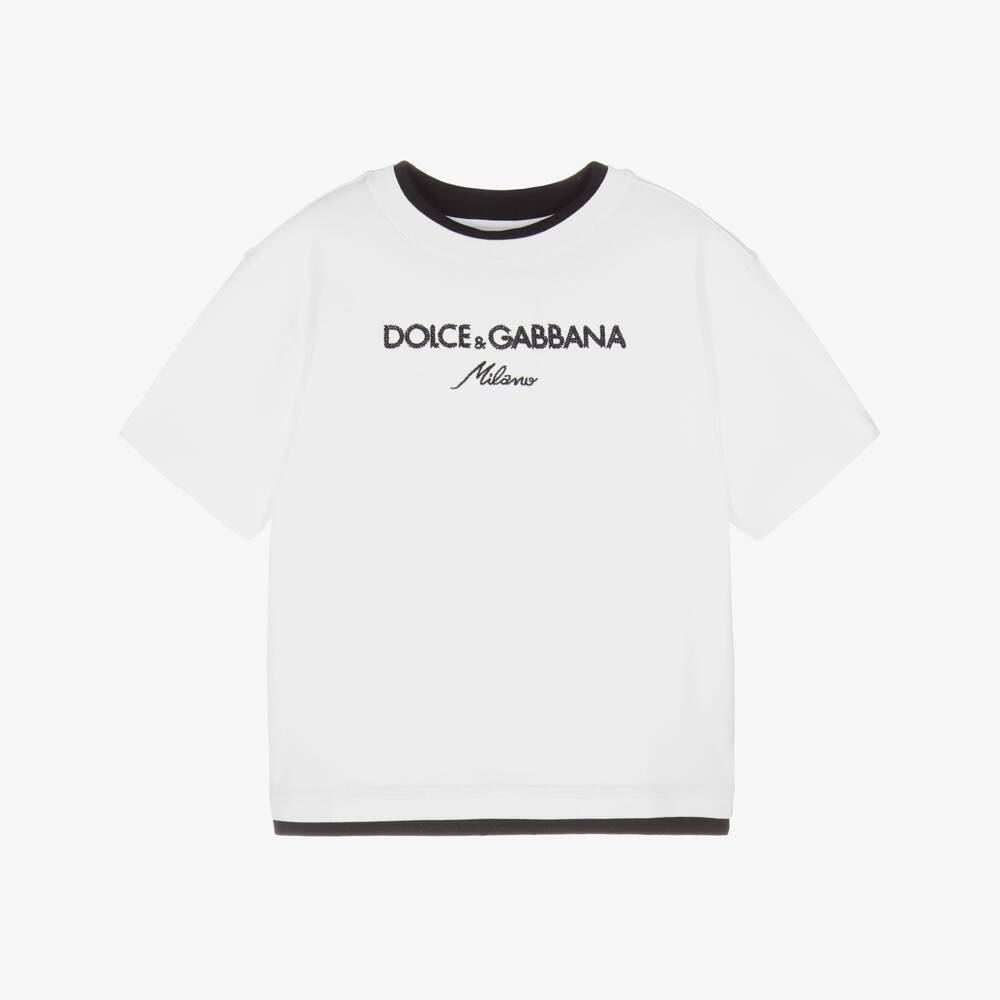 Dolce & Gabbana-Boys White Cotton T-Shirt with Navy Blue Logo Embroidery | Childrensalon Outlet