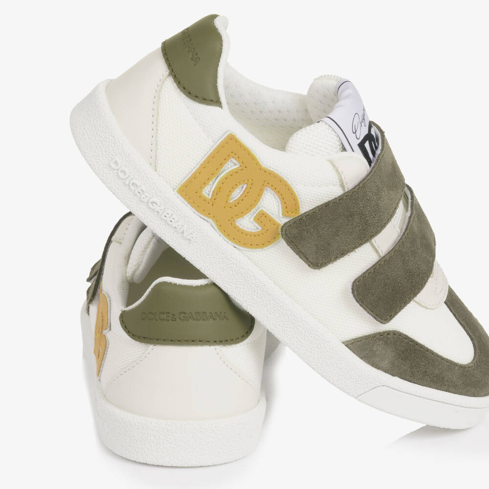 Dolce & Gabbana-Boys White & Khaki Green Velcro Trainers | Childrensalon Outlet