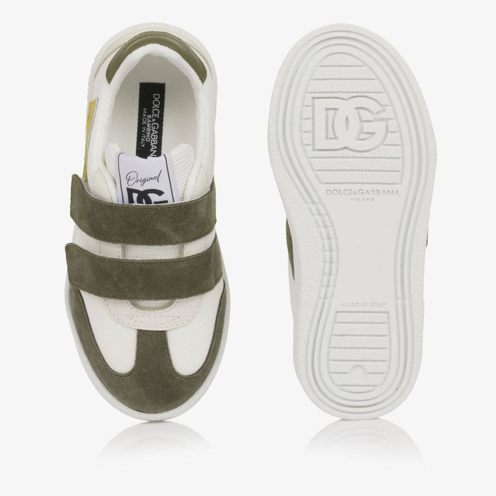 Dolce & Gabbana-Boys White & Khaki Green Velcro Trainers | Childrensalon Outlet
