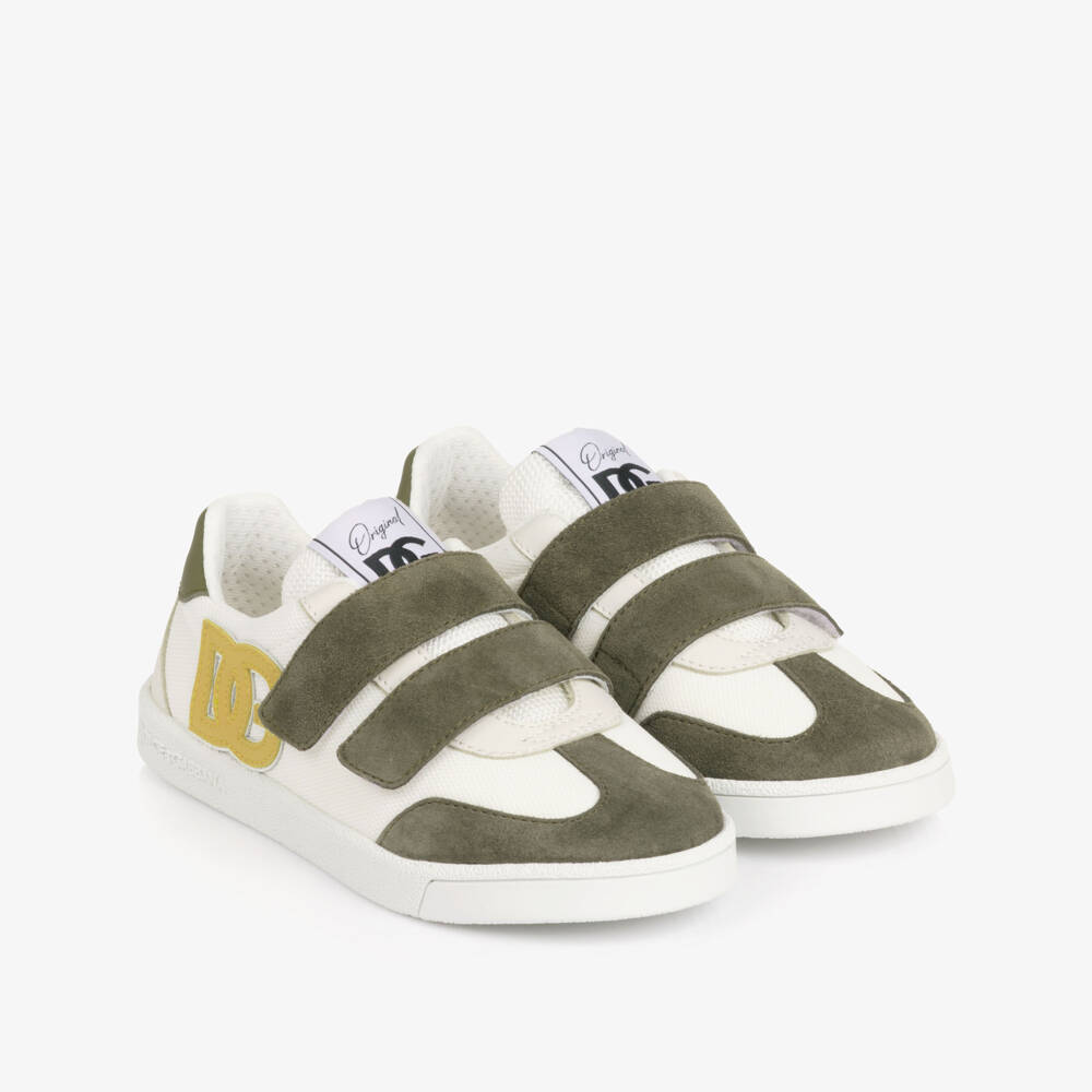 Dolce & Gabbana-Boys White & Khaki Green Velcro Trainers | Childrensalon Outlet