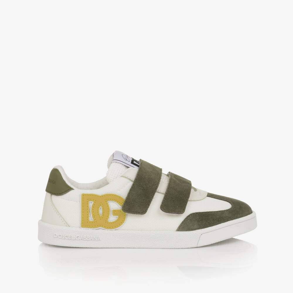 Dolce & Gabbana-Boys White & Khaki Green Velcro Trainers | Childrensalon Outlet