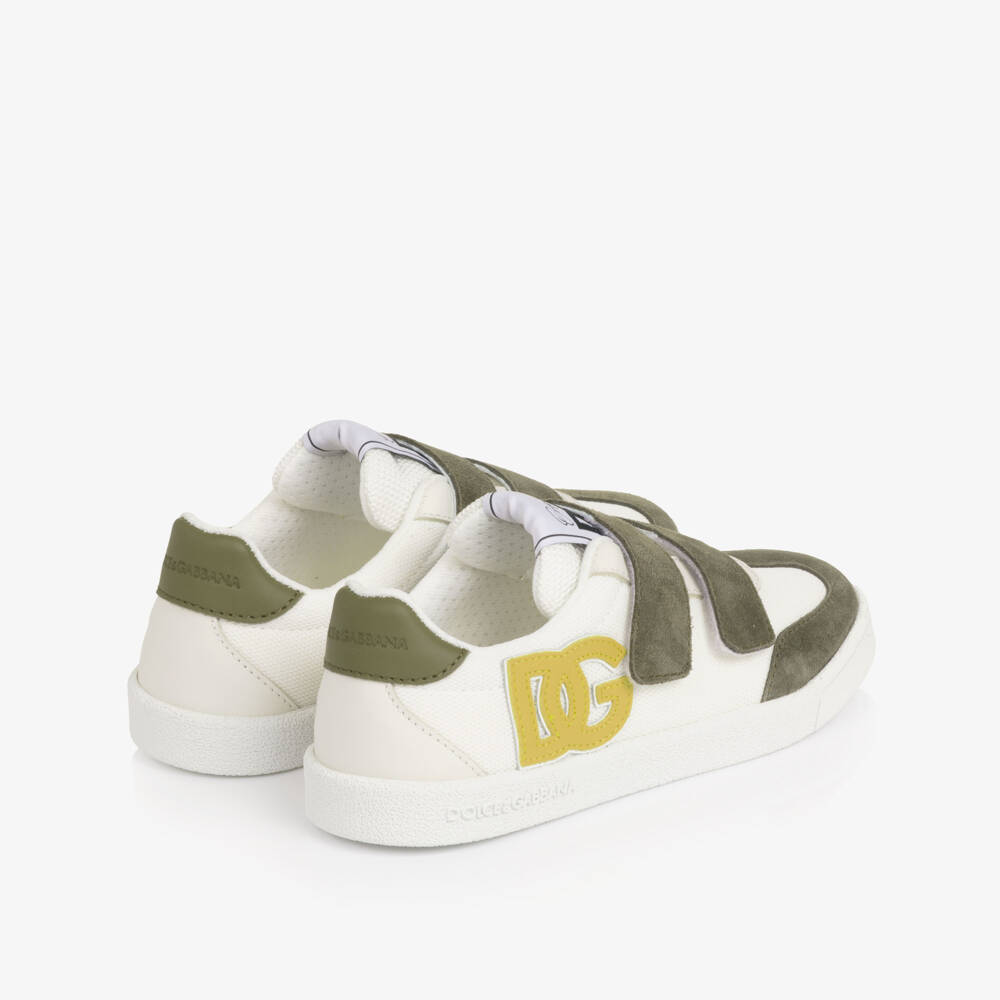 Dolce & Gabbana-Boys White & Khaki Green Velcro Trainers | Childrensalon Outlet