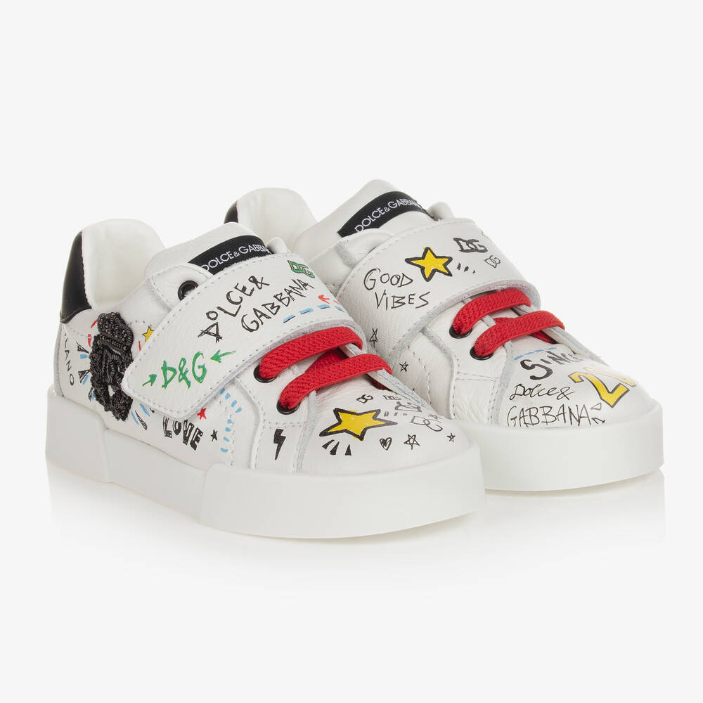 Dolce & Gabbana - Boys White Leather Logo Trainers | Childrensalon