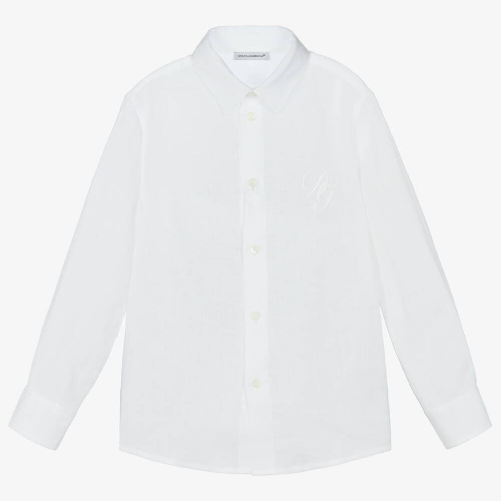 Dolce & Gabbana-Boys White Linen DG Logo Shirt | Childrensalon Outlet