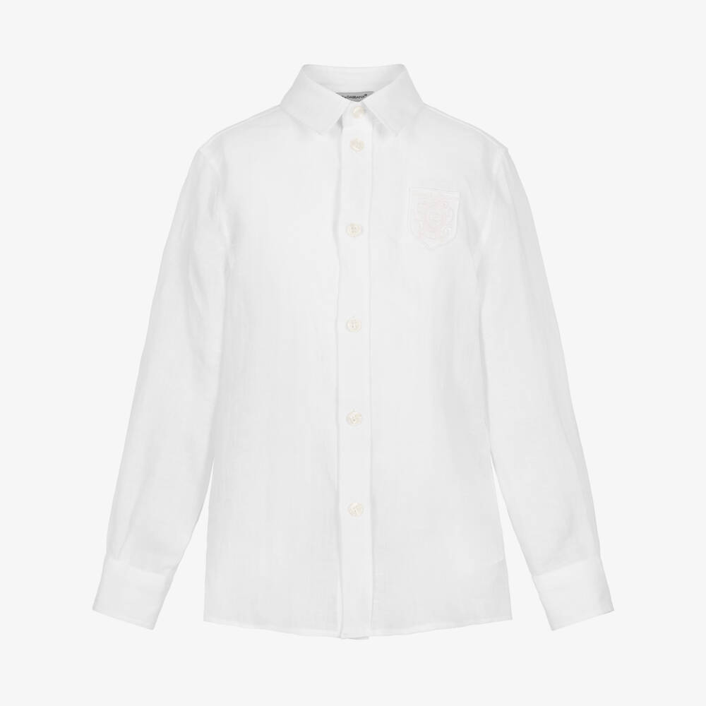 Dolce & Gabbana-Boys White Linen Shirt with DG Crest Logo | Childrensalon Outlet