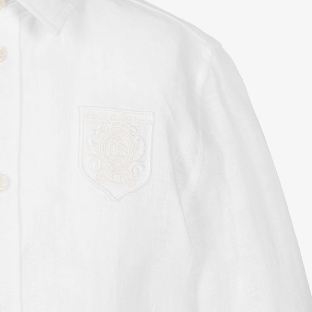 Dolce & Gabbana-Boys White Linen Shirt with DG Crest Logo | Childrensalon Outlet