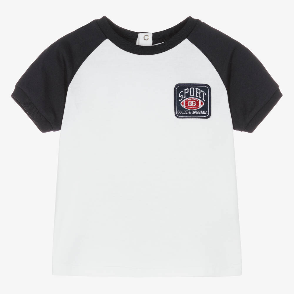 Dolce & Gabbana - Boys White & Navy Blue Logo T-Shirt | Childrensalon