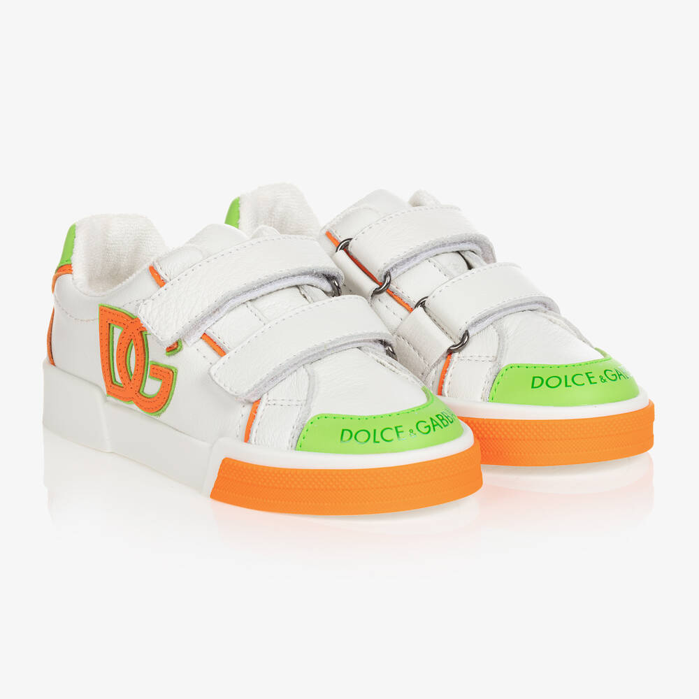 Dolce & Gabbana - Boys White & Orange Leather DG Logo Trainers | Childrensalon