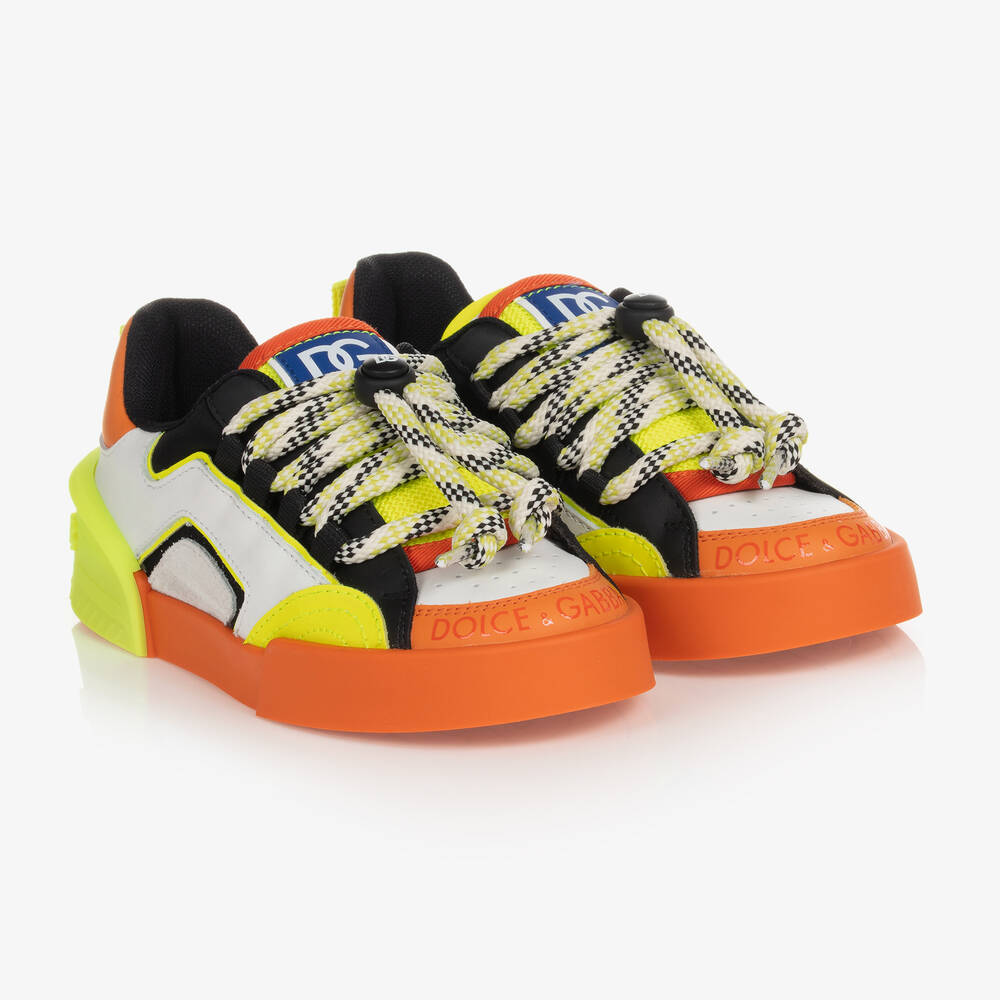 Dolce & Gabbana - Boys White & Orange Leather Trainers | Childrensalon