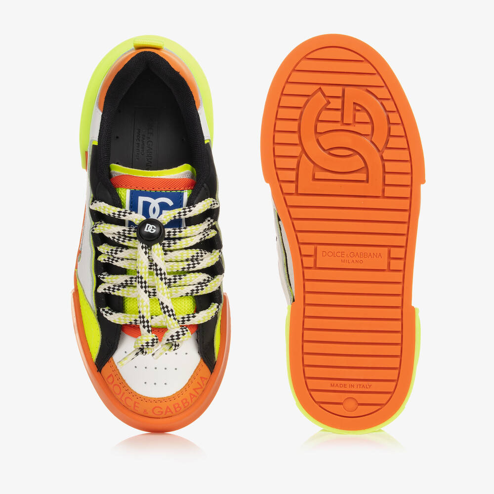 Dolce & Gabbana-Boys White & Orange Leather Trainers | Childrensalon Outlet