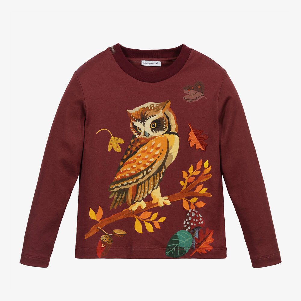 Dolce & Gabbana - Burgundy Owl Cotton Top | Childrensalon