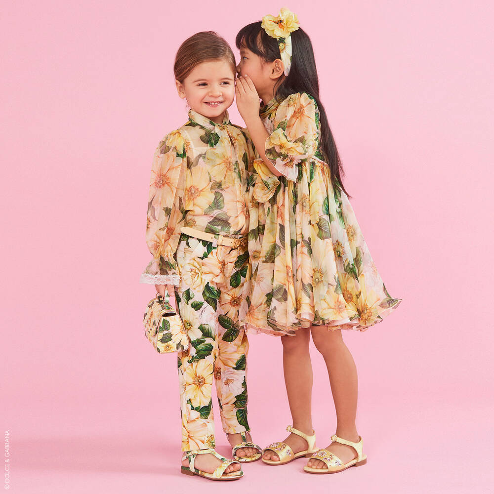 Dolce & Gabbana-بنطلون قطن بوبلين لون أصفر بطبعة ورود | Childrensalon Outlet