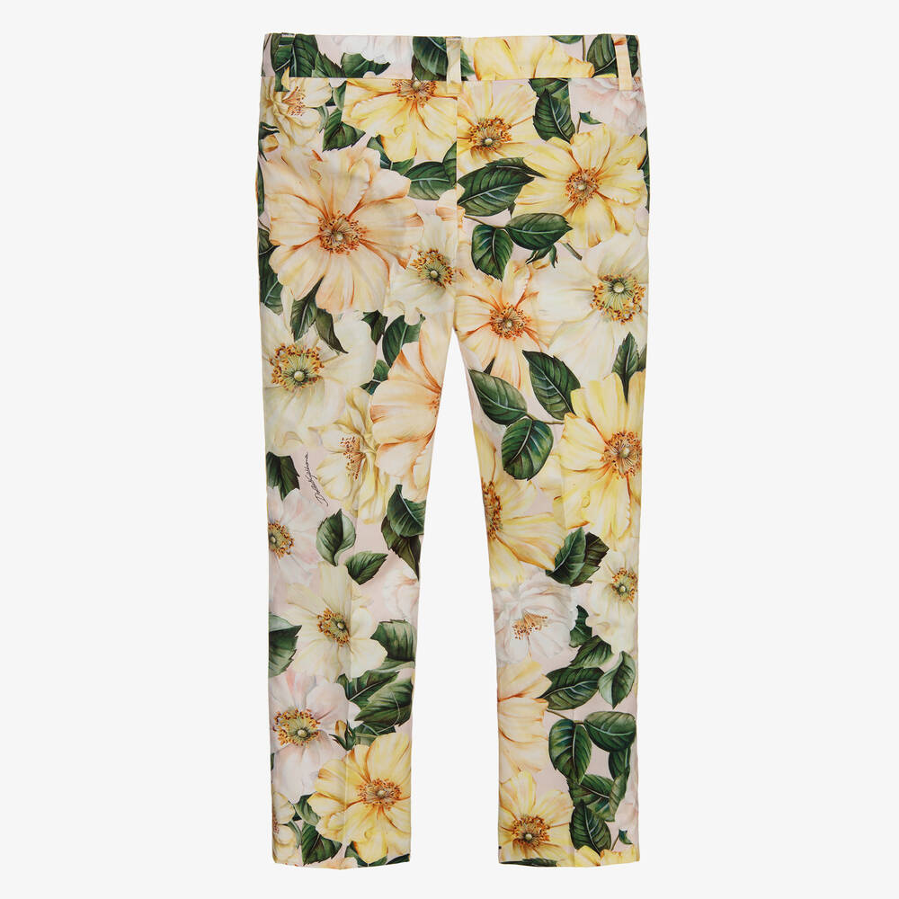 Dolce & Gabbana-بنطلون قطن بوبلين لون أصفر بطبعة ورود | Childrensalon Outlet