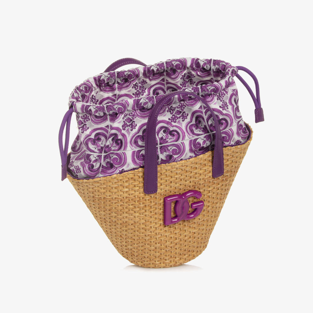 Dolce & Gabbana-Girls Beige Basket Handbag with Purple Majolica Print (28cm) | Childrensalon Outlet